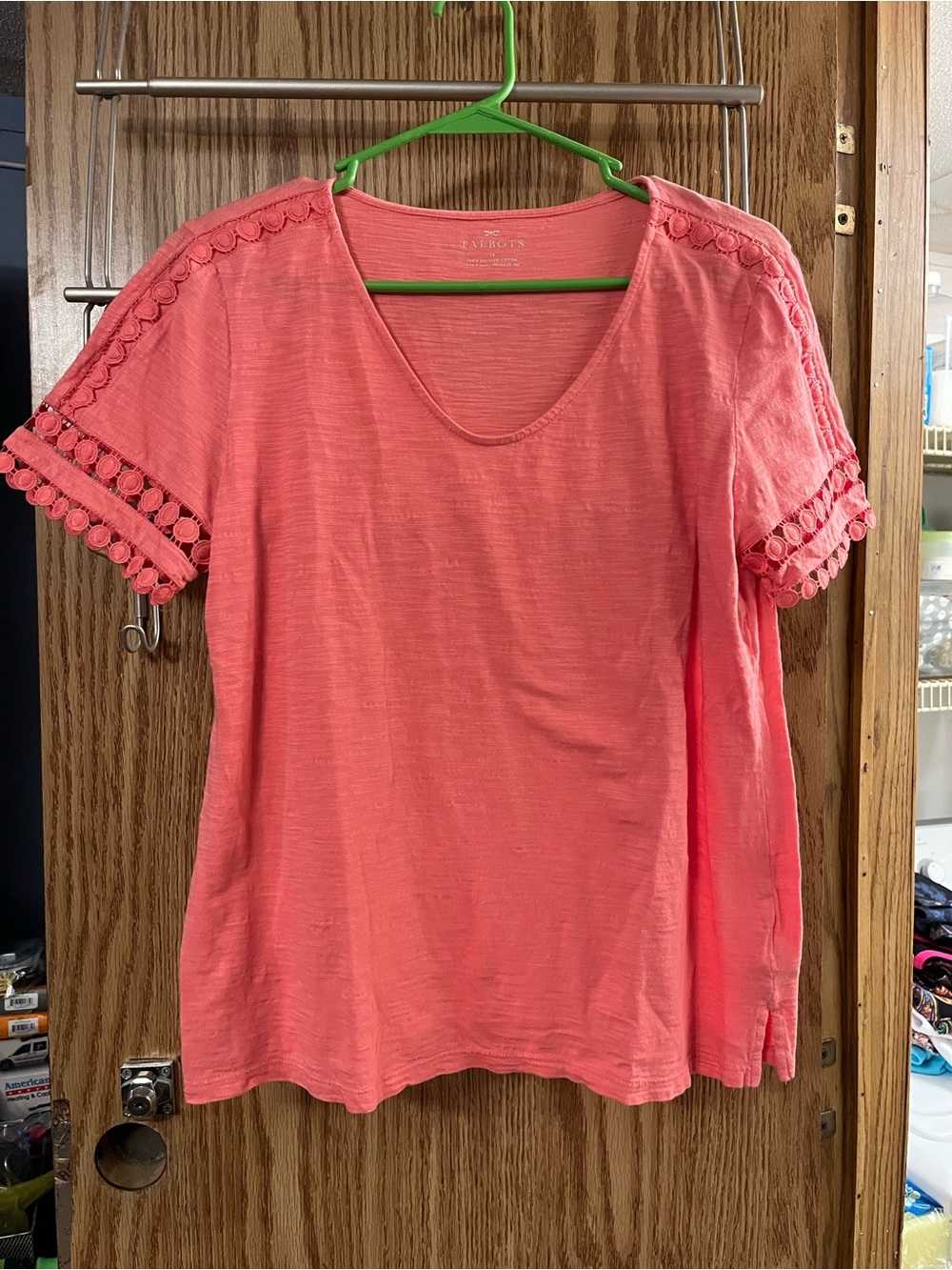 Talbots Coral Crochet-Trim Short Sleeve Scoop Tee
